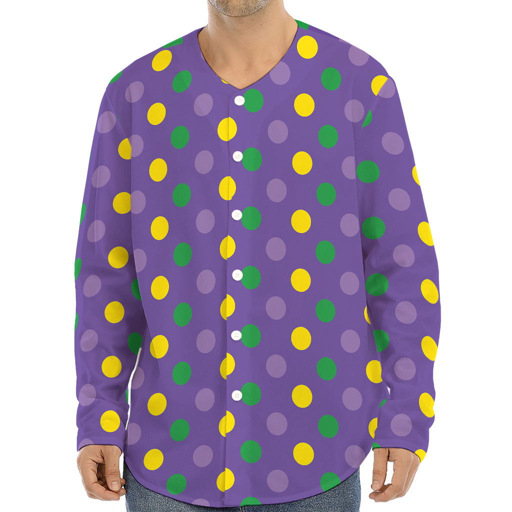 Mardi Gras Polka Dot Pattern Print Long Sleeve Baseball Jersey