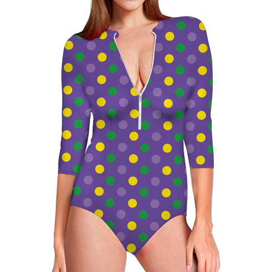Mardi Gras Polka Dot Pattern Print Long Sleeve Swimsuit