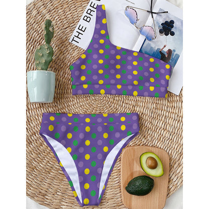 Mardi Gras Polka Dot Pattern Print One Shoulder Bikini Top