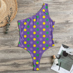 Mardi Gras Polka Dot Pattern Print One Shoulder Bodysuit