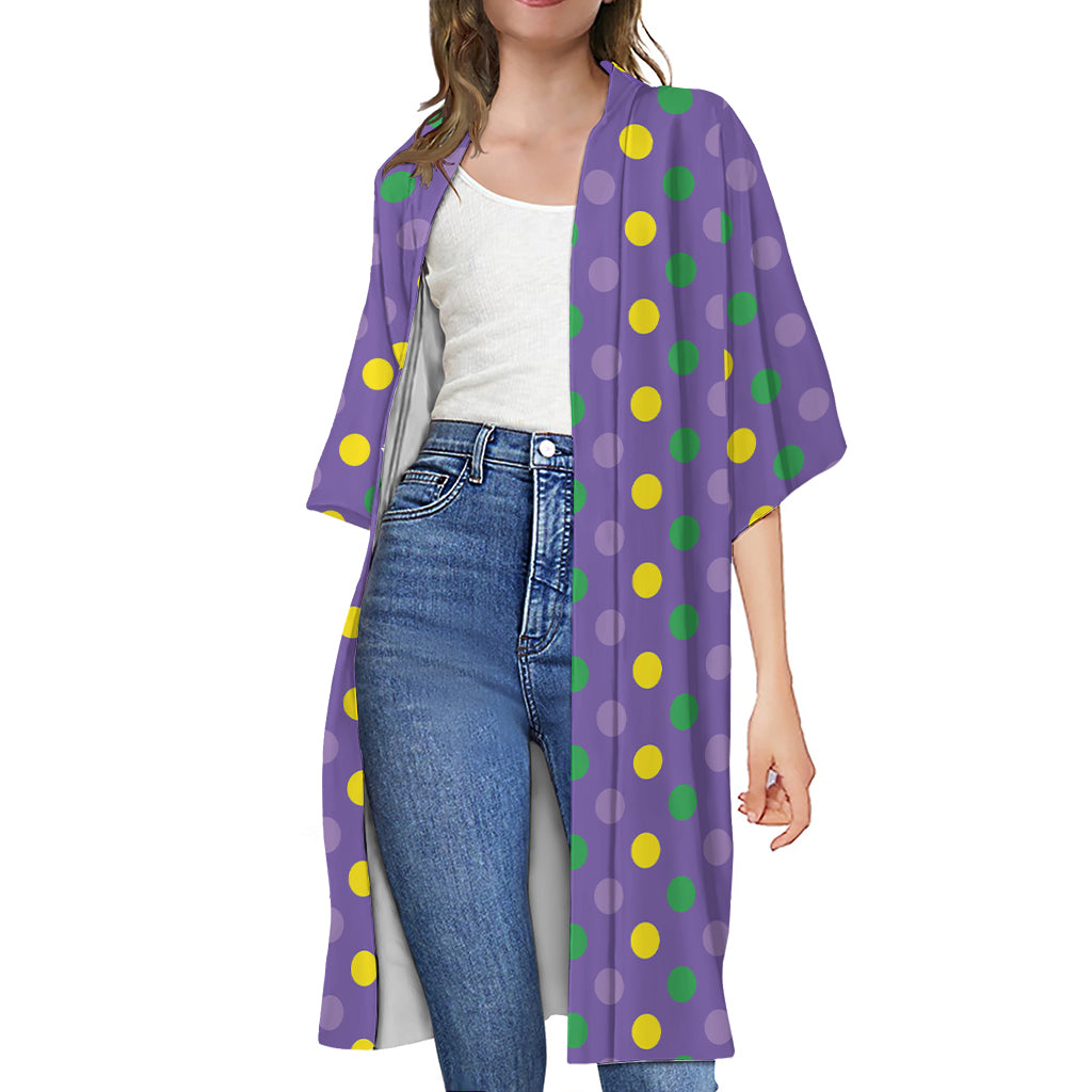 Mardi Gras Polka Dot Pattern Print Open Front Beach Cover Up