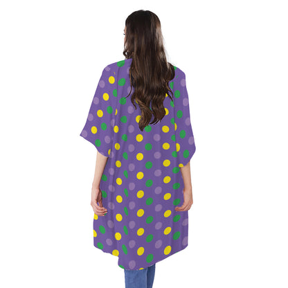 Mardi Gras Polka Dot Pattern Print Open Front Beach Cover Up