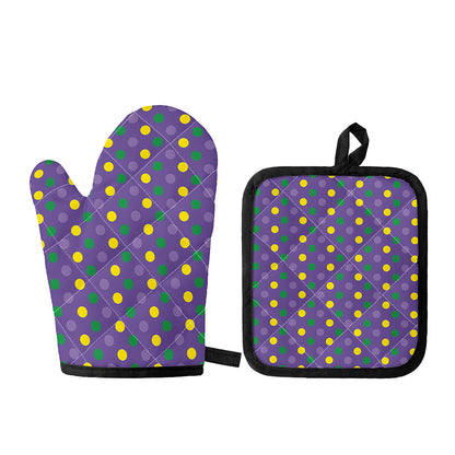 Mardi Gras Polka Dot Pattern Print Oven Mitt And Pot Holder Set