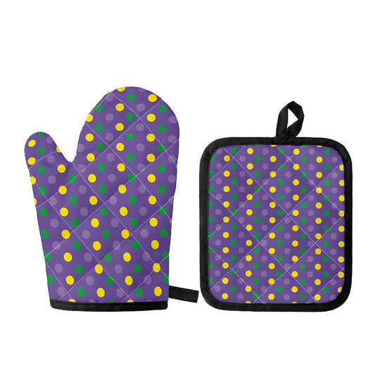 Mardi Gras Polka Dot Pattern Print Oven Mitt And Pot Holder Set