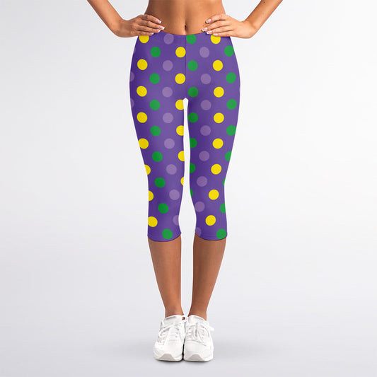 Mardi Gras Polka Dot Pattern Print Women's Capri Leggings