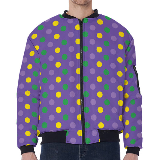 Mardi Gras Polka Dot Pattern Print Zip Sleeve Bomber Jacket