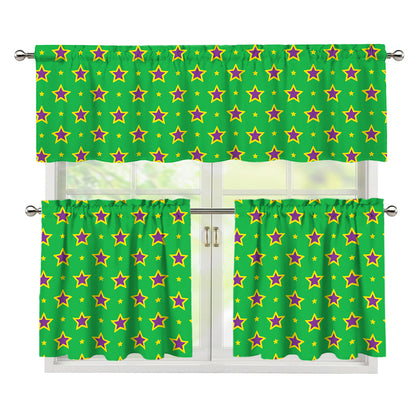 Mardi Gras Star Pattern Print 3 Piece Kitchen Curtains
