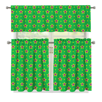 Mardi Gras Star Pattern Print 3 Piece Kitchen Curtains