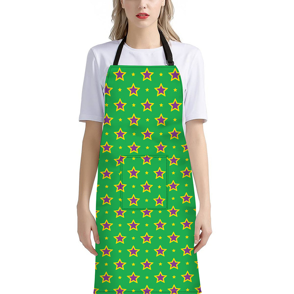 Mardi Gras Star Pattern Print Bib Apron With Pocket