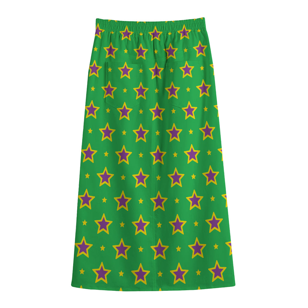 Mardi Gras Star Pattern Print Cotton Front Slit Maxi Skirt