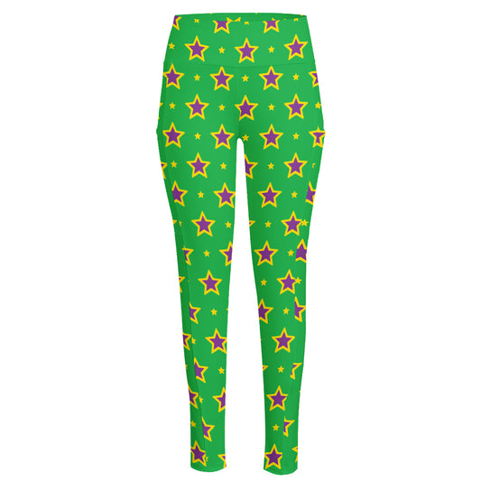 Mardi Gras Star Pattern Print High-Waisted Pocket Leggings