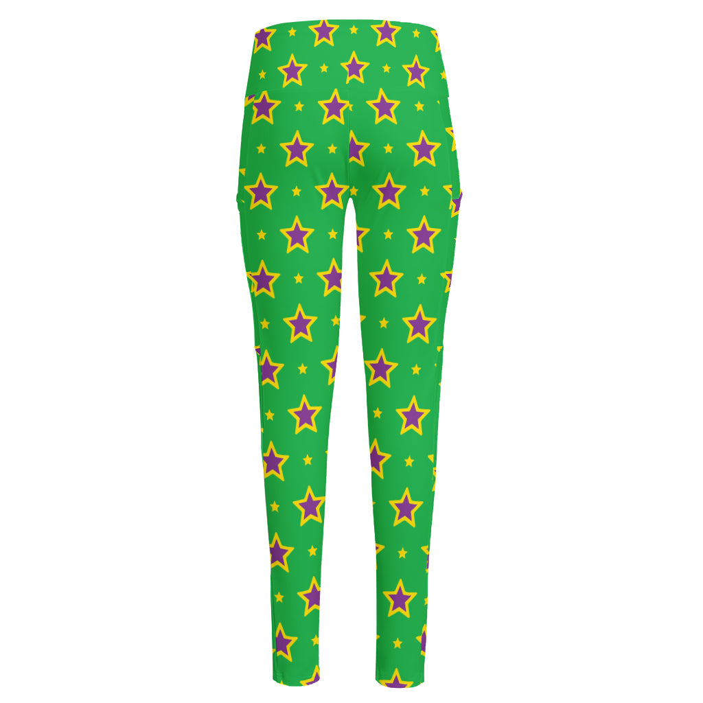Mardi Gras Star Pattern Print High-Waisted Pocket Leggings