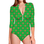 Mardi Gras Star Pattern Print Long Sleeve Swimsuit