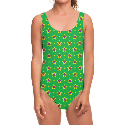 Mardi Gras Star Pattern Print One Piece Swimsuit