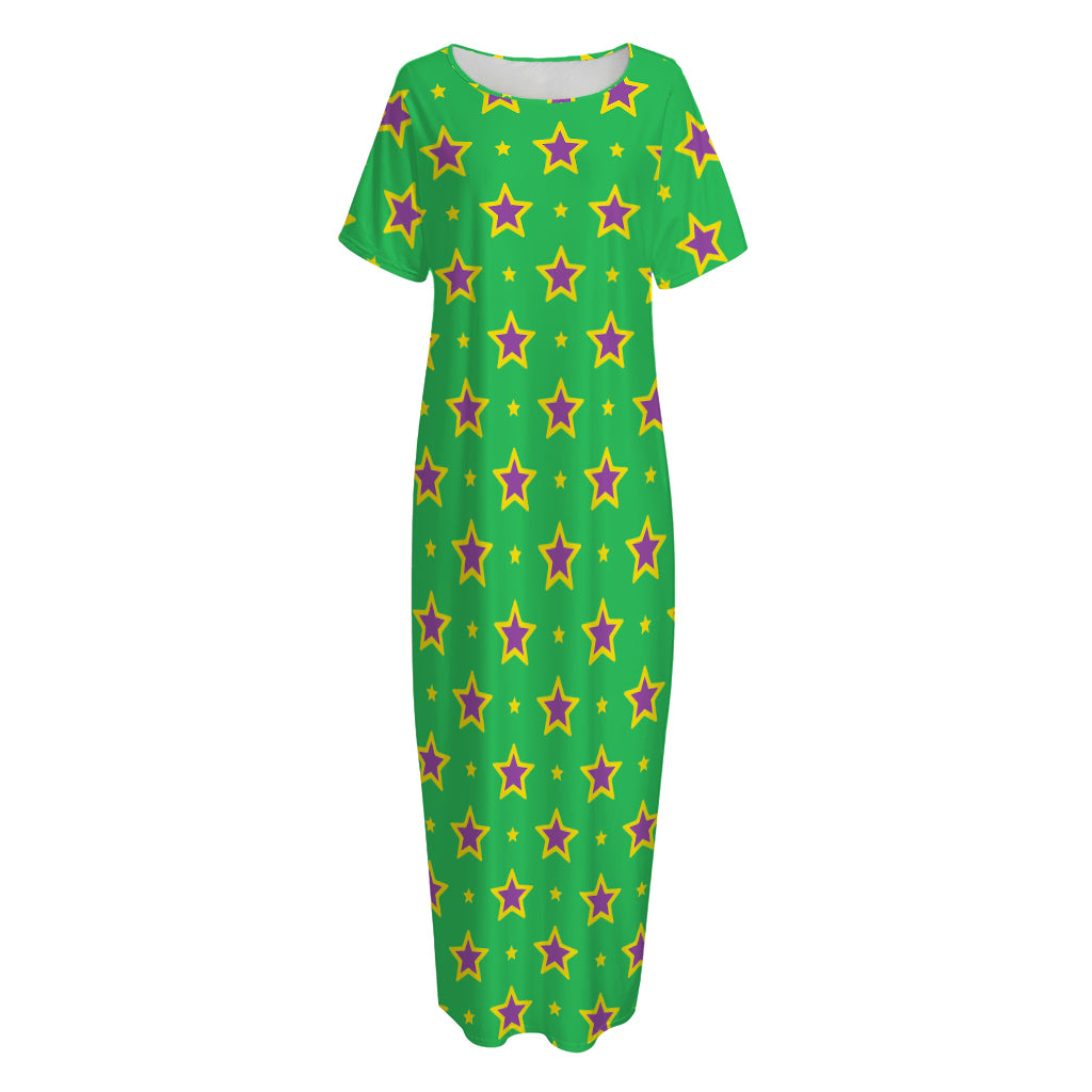 Mardi Gras Star Pattern Print Short Sleeve Long Nightdress