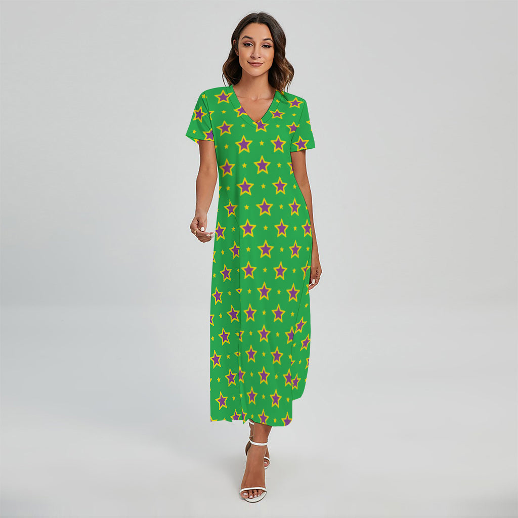 Mardi Gras Star Pattern Print Short Sleeve Maxi Dress