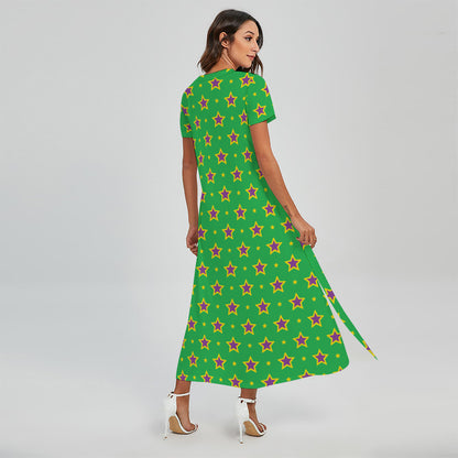Mardi Gras Star Pattern Print Short Sleeve Maxi Dress