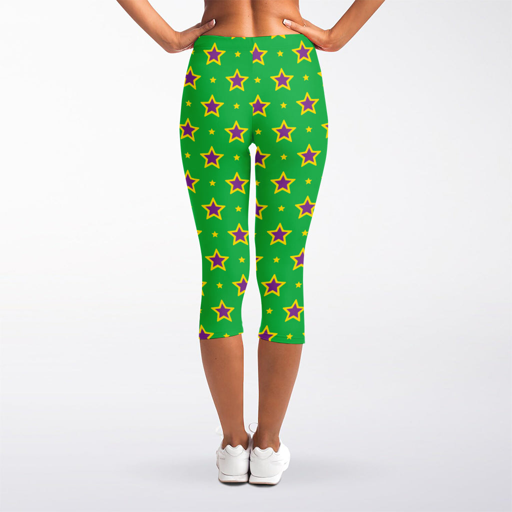 Mardi Gras Star Pattern Print Women's Capri Leggings
