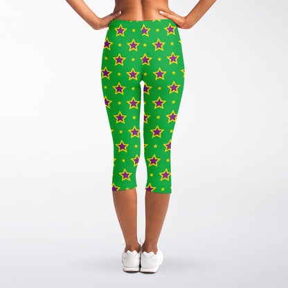 Mardi Gras Star Pattern Print Women's Capri Leggings