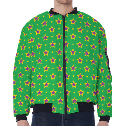 Mardi Gras Star Pattern Print Zip Sleeve Bomber Jacket