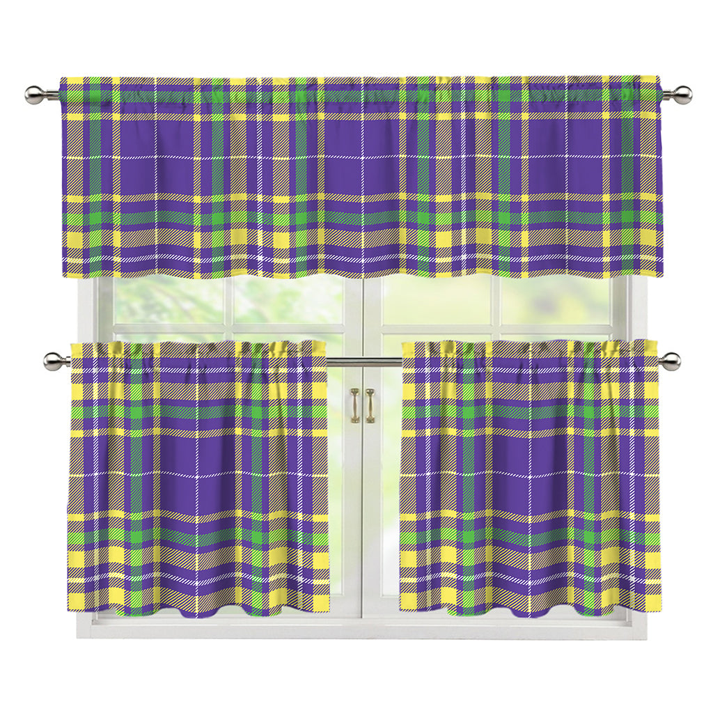 Mardi Gras Tartan Plaid Pattern Print 3 Piece Kitchen Curtains