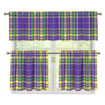 Mardi Gras Tartan Plaid Pattern Print 3 Piece Kitchen Curtains