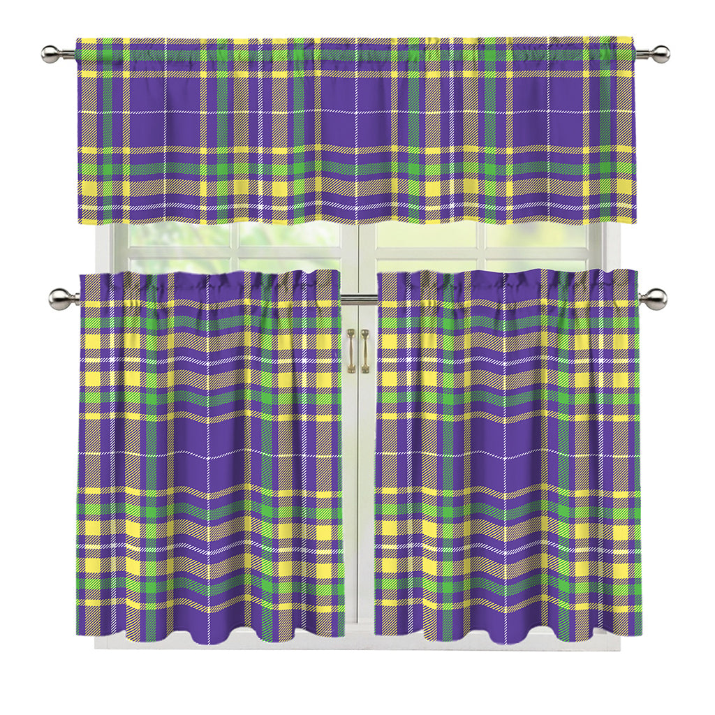 Mardi Gras Tartan Plaid Pattern Print 3 Piece Kitchen Curtains