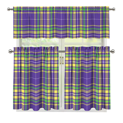 Mardi Gras Tartan Plaid Pattern Print 3 Piece Kitchen Curtains