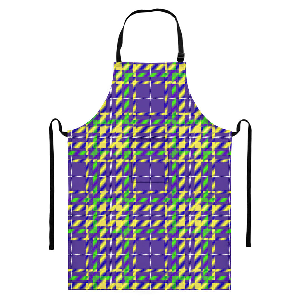Mardi Gras Tartan Plaid Pattern Print Bib Apron With Pocket