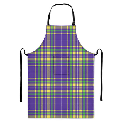 Mardi Gras Tartan Plaid Pattern Print Bib Apron With Pocket