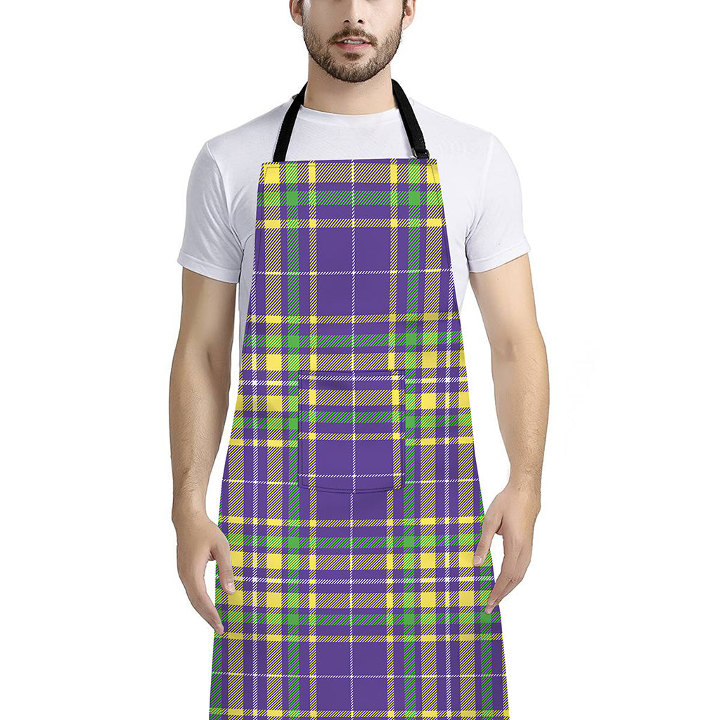 Mardi Gras Tartan Plaid Pattern Print Bib Apron With Pocket