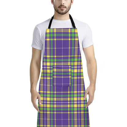 Mardi Gras Tartan Plaid Pattern Print Bib Apron With Pocket