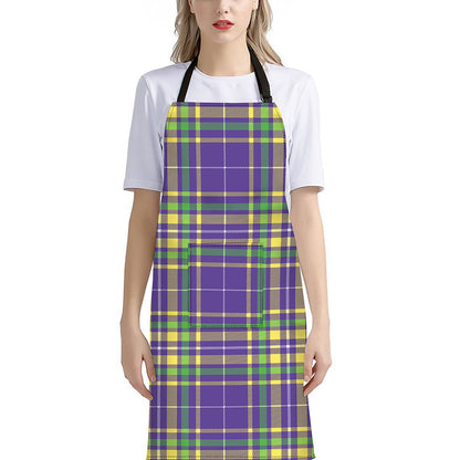 Mardi Gras Tartan Plaid Pattern Print Bib Apron With Pocket