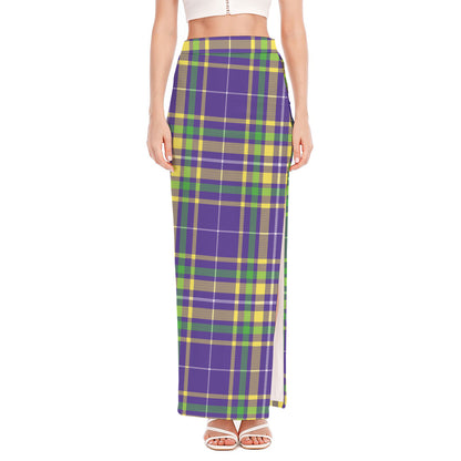 Mardi Gras Tartan Plaid Pattern Print High Slit Maxi Skirt