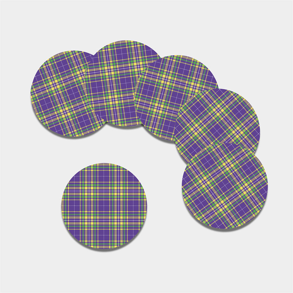 Mardi Gras Tartan Plaid Pattern Print Leather Coaster Set