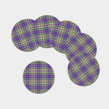 Mardi Gras Tartan Plaid Pattern Print Leather Coaster Set