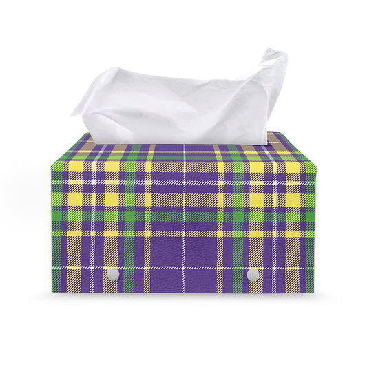 Mardi Gras Tartan Plaid Pattern Print Leather Tissue Box Cover