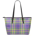 Mardi Gras Tartan Plaid Pattern Print Leather Tote Bag With Zipper