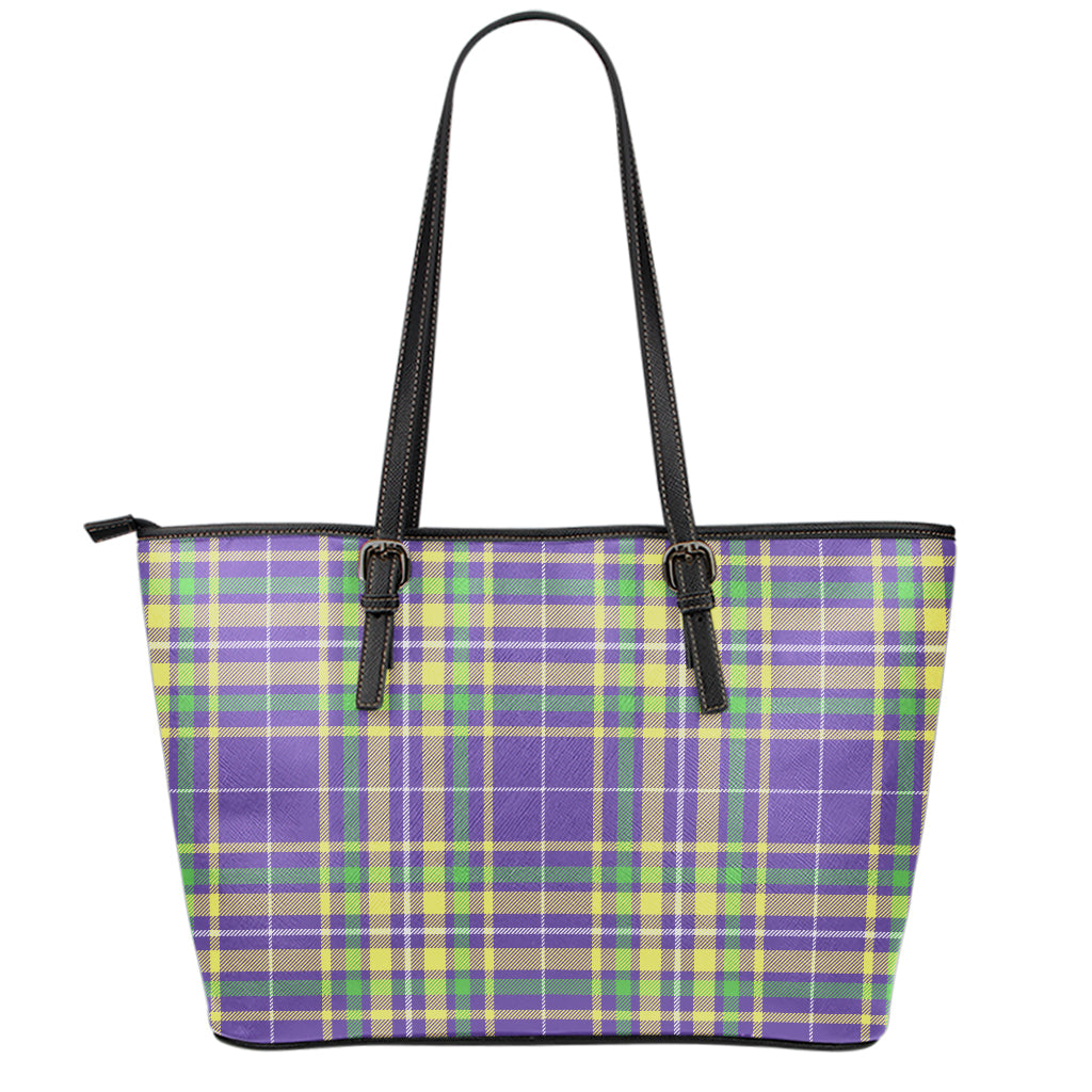 Mardi Gras Tartan Plaid Pattern Print Leather Tote Bag