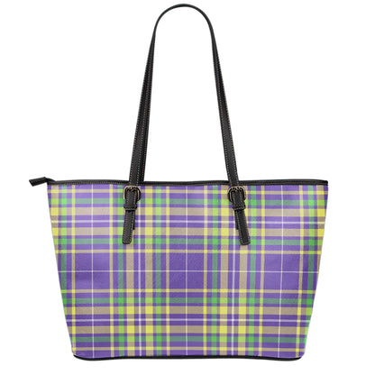 Mardi Gras Tartan Plaid Pattern Print Leather Tote Bag