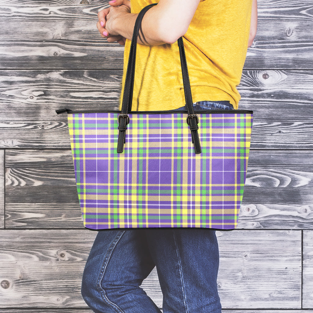 Mardi Gras Tartan Plaid Pattern Print Leather Tote Bag