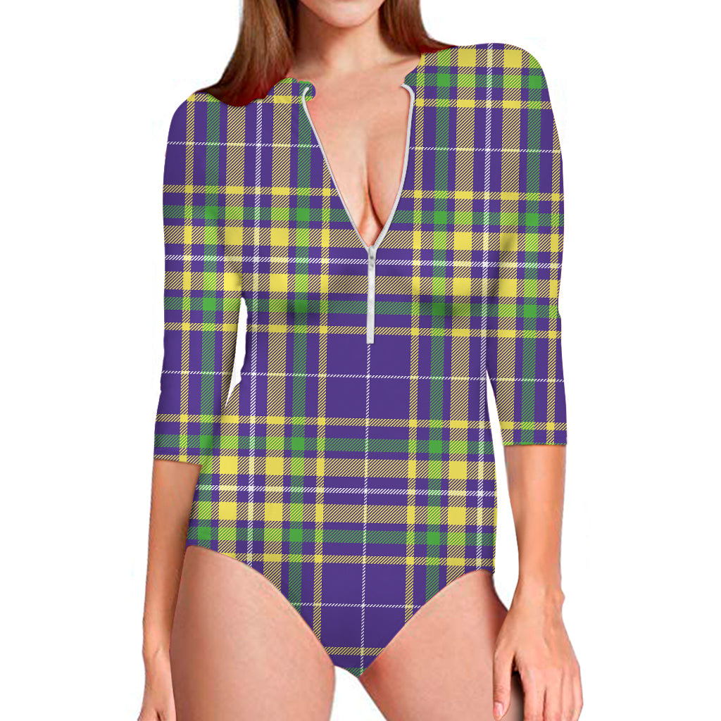 Mardi Gras Tartan Plaid Pattern Print Long Sleeve Swimsuit