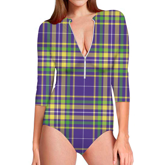 Mardi Gras Tartan Plaid Pattern Print Long Sleeve Swimsuit