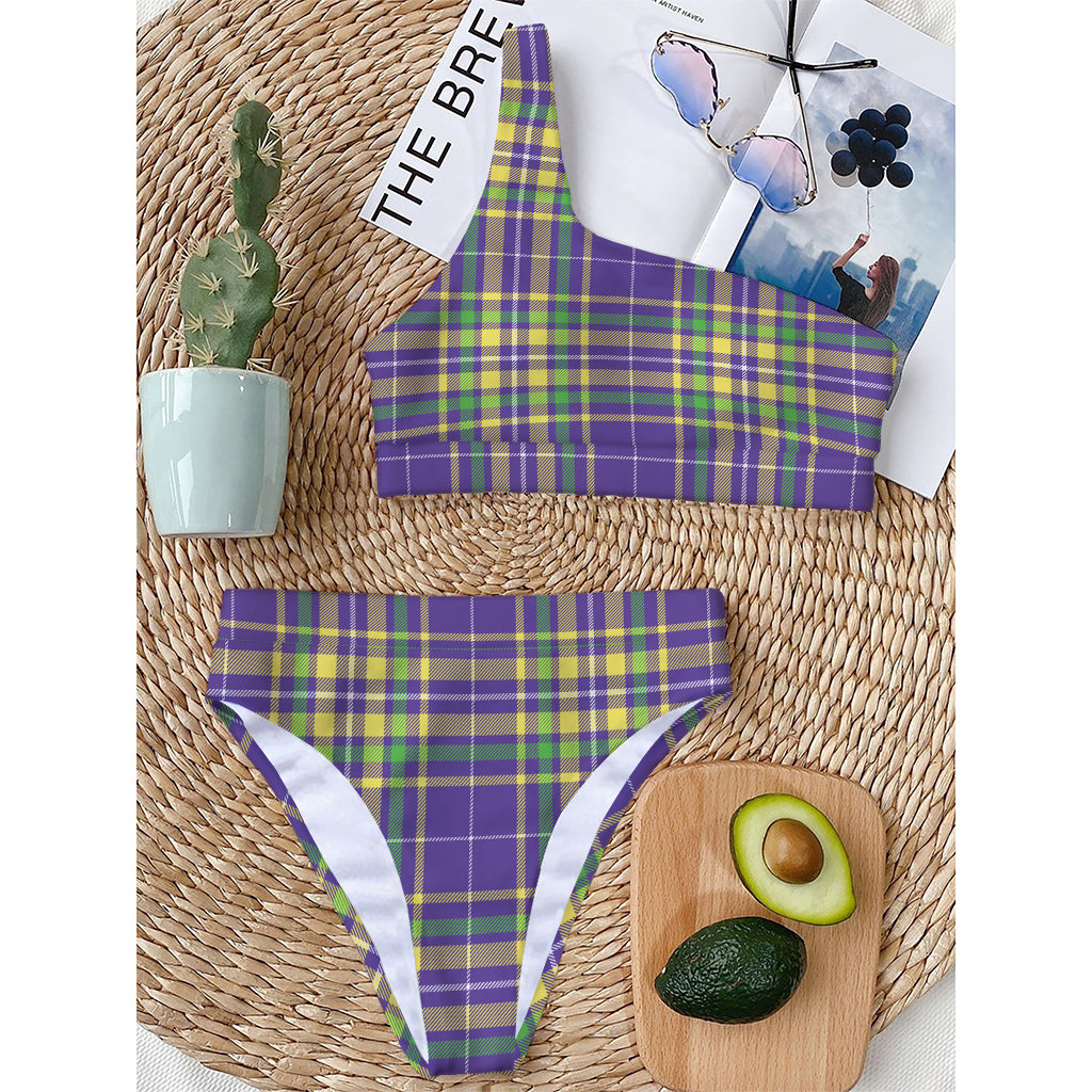 Mardi Gras Tartan Plaid Pattern Print One Shoulder Bikini Top