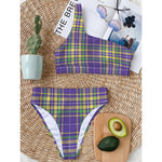 Mardi Gras Tartan Plaid Pattern Print One Shoulder Bikini Top