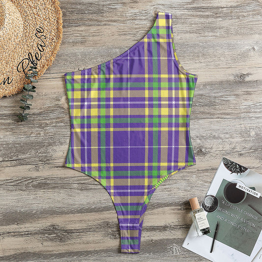 Mardi Gras Tartan Plaid Pattern Print One Shoulder Bodysuit