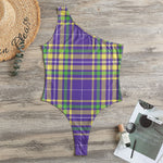 Mardi Gras Tartan Plaid Pattern Print One Shoulder Bodysuit