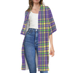 Mardi Gras Tartan Plaid Pattern Print Open Front Beach Cover Up