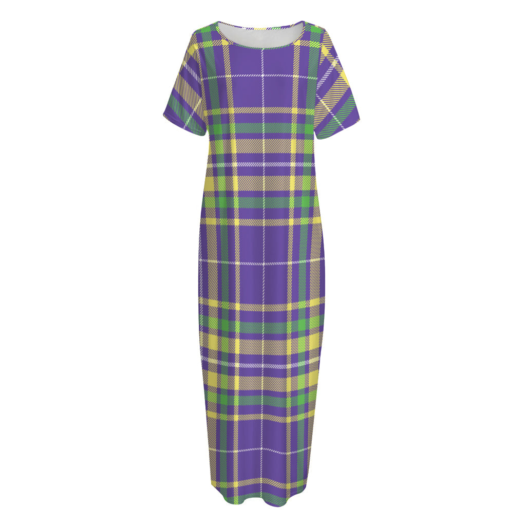 Mardi Gras Tartan Plaid Pattern Print Short Sleeve Long Nightdress