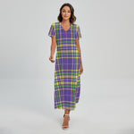 Mardi Gras Tartan Plaid Pattern Print Short Sleeve Maxi Dress